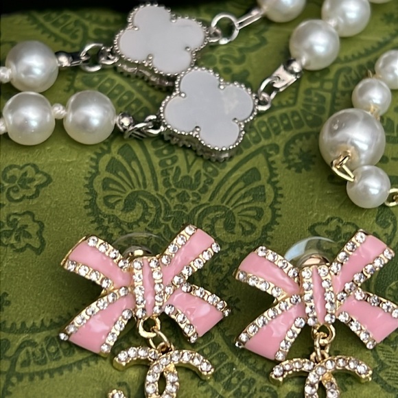 Pink and Gold Crystal Fashion Bow Earrings - Picture 6 of 8